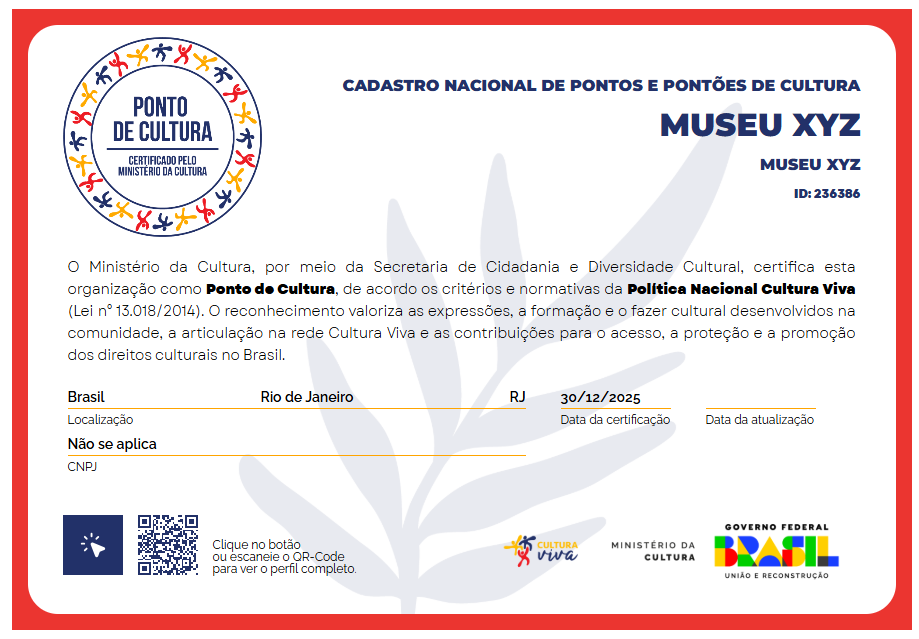 Certificado Ponto de Cultura Museu XYZ